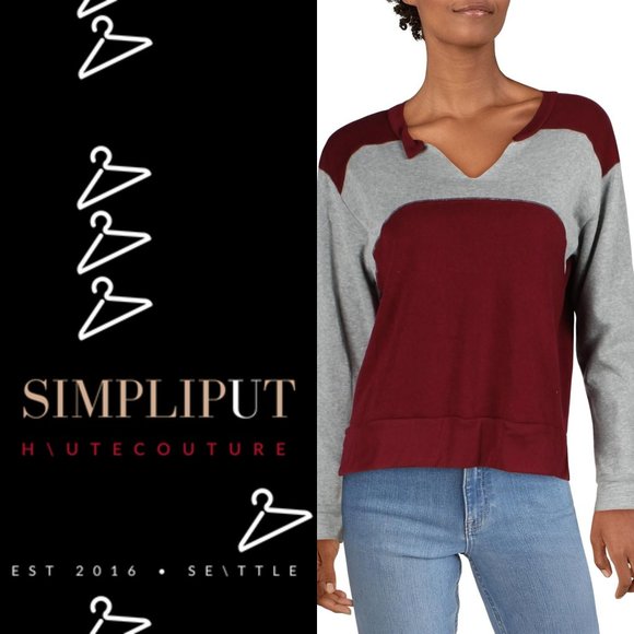 PST by Project Social T Sweatshirt Comfy Cozy Bunny Soft Maroon Grey Color Block - Picture 1 of 9